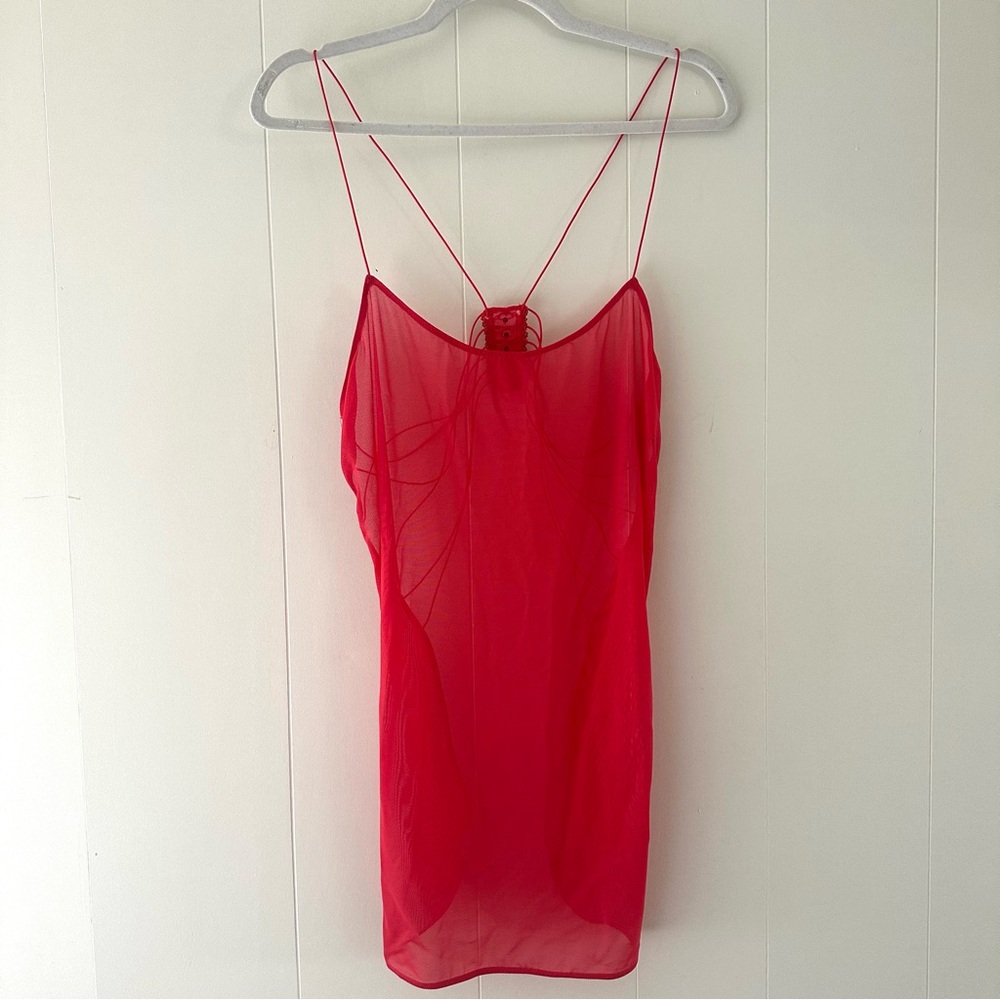 Victoria's Secret Red Sheer Open Back Sexy Chemise Lingerie Rhinestone Strap XL